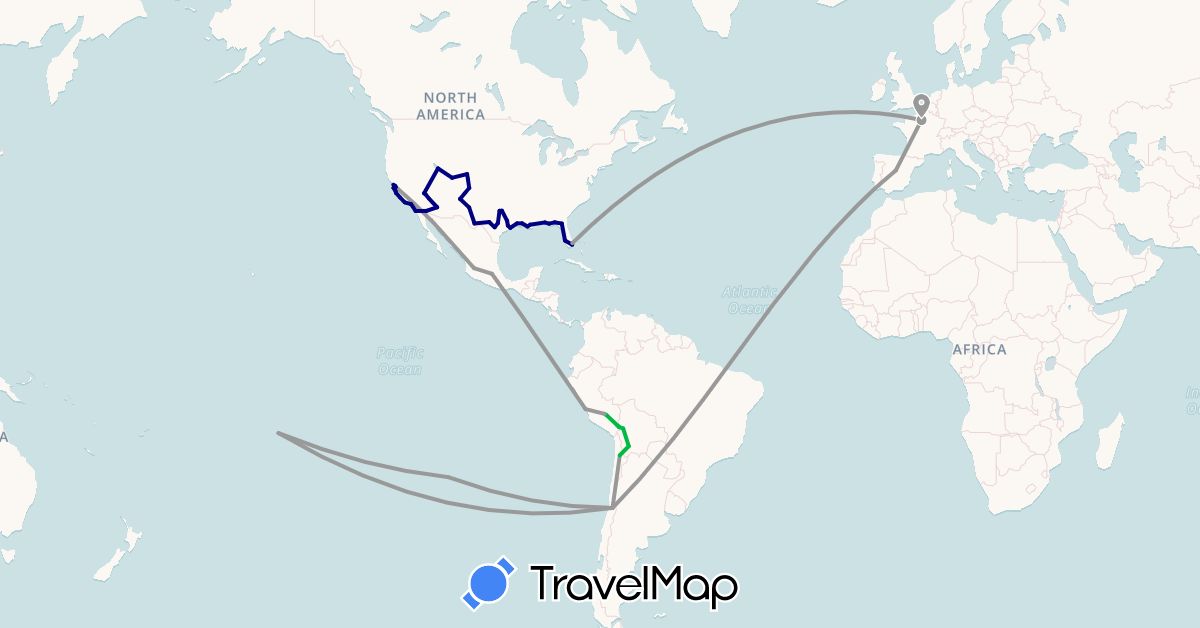 TravelMap itinerary: driving, bus, plane, boat in Bolivia, Chile, Spain, France, Mexico, Peru, United States (Europe, North America, South America)